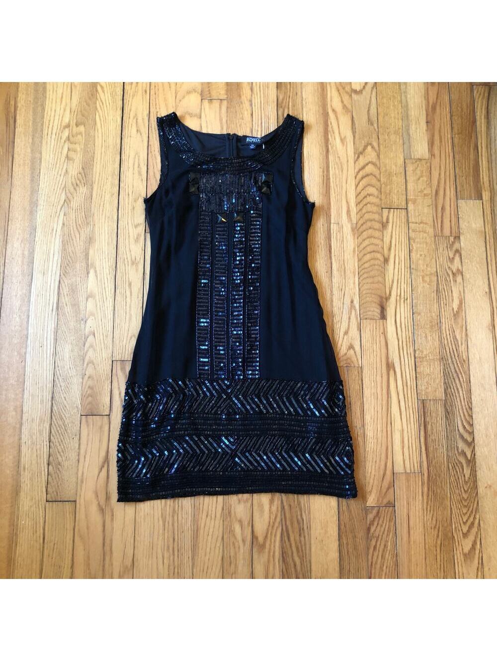 Adrianna Papell EUC Women's Black Beaded Silk Cocktail Dress Size 4P